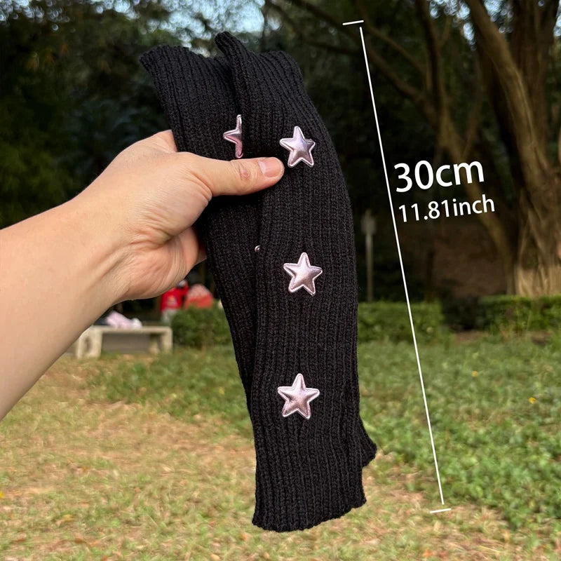 Y2k Fingerless Gloves Fashion Women Warm Arm Sleeve Knitted Star Decoration Mitten Casual Long Wrist Mittens Punk Gothic Gloves Qme 30cm black