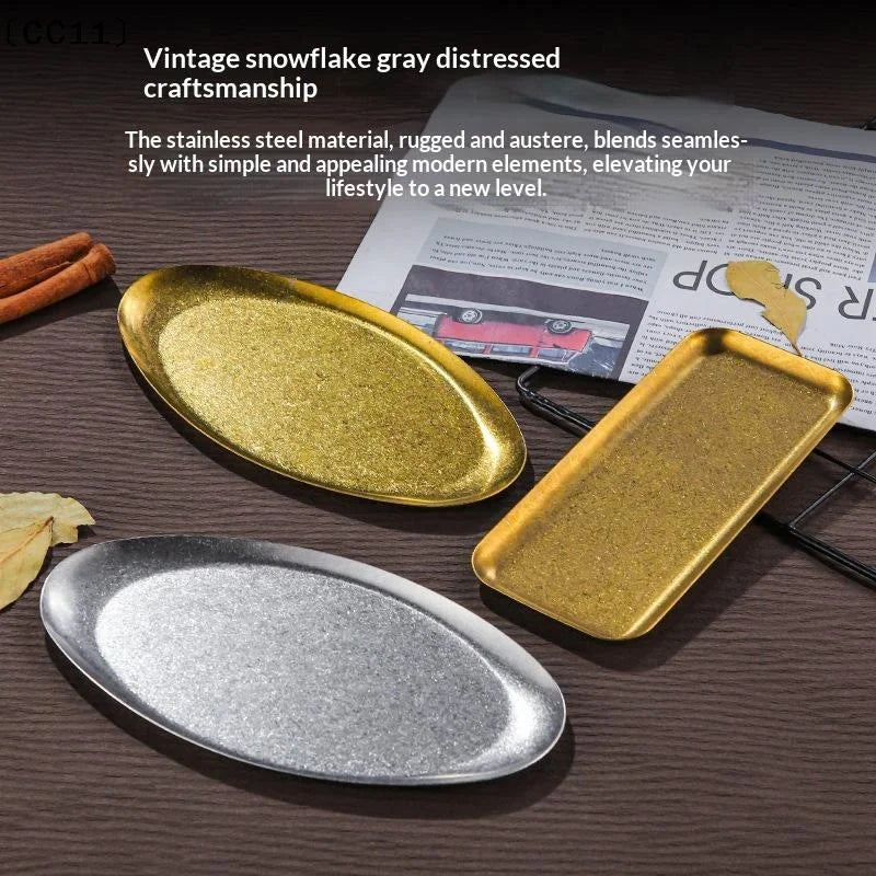 Retro Stainless Steel Trays Sushi Plates Snack Pastry Oval Shallow Qme