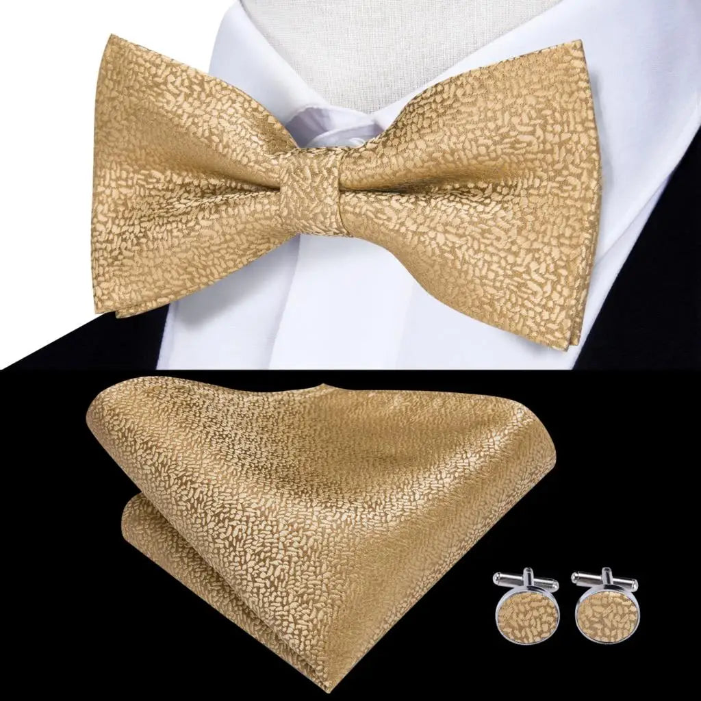 Beige Champagne Gold Mens Bow Tie Hanky Cufflinks Jacquard Floral Pre