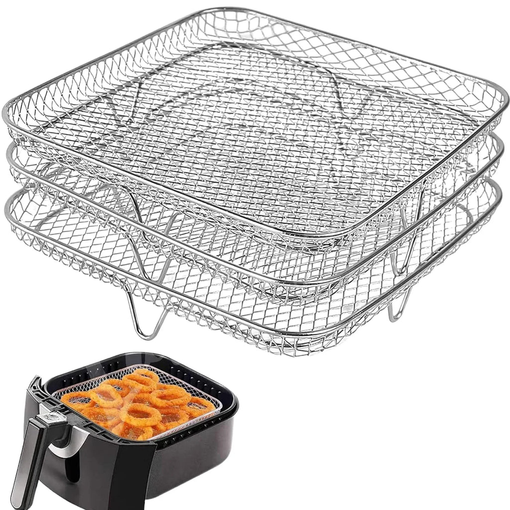 Three Stackable Air Fryer Rack Ovens Racks Stainless Steel Basket Tray Air Fryer Accessories Kitchen Gadgets Baking Tools Qme Square
