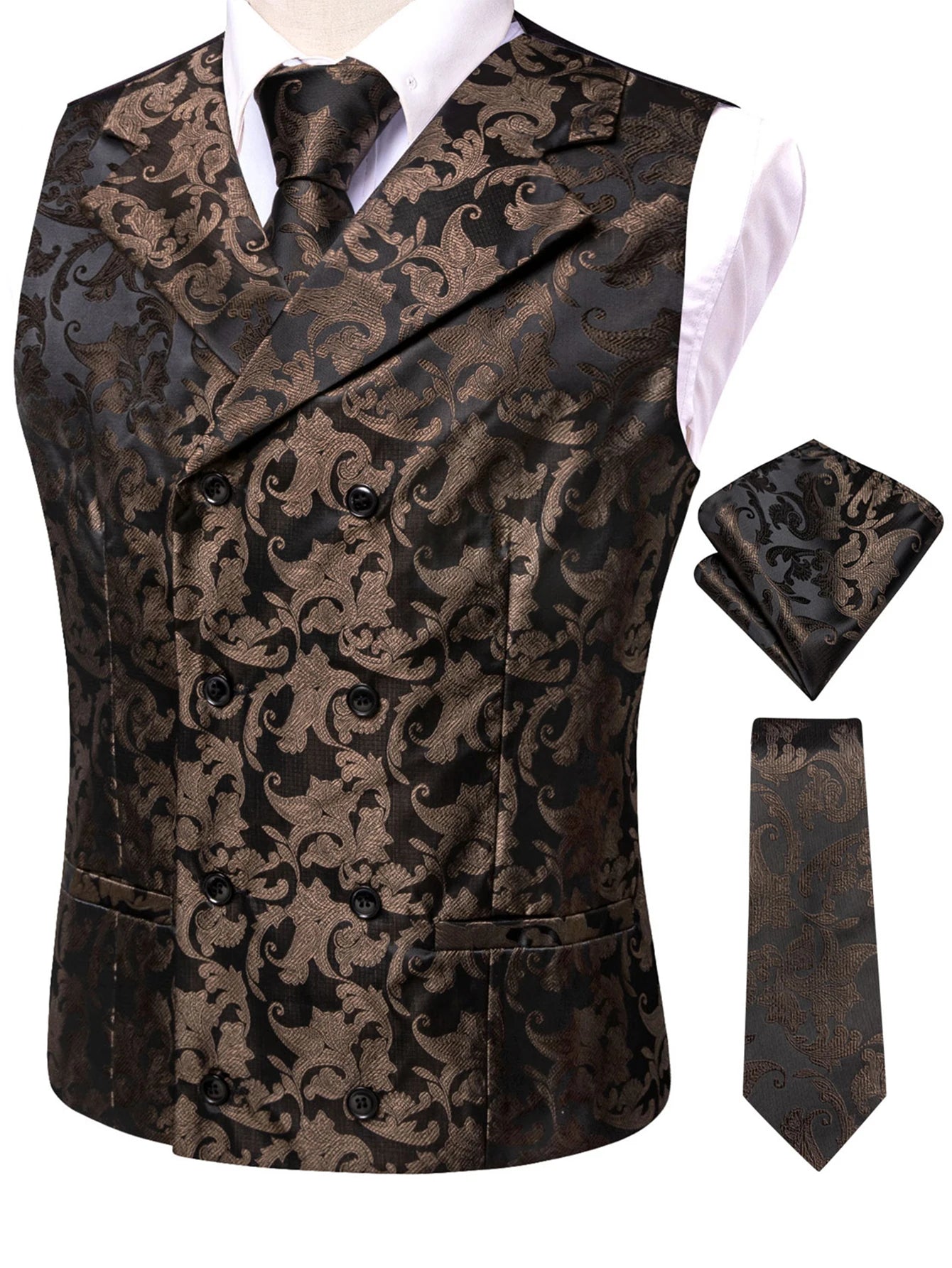 Men's Formal Paisley Jacquard Vest Set – Classic Waistcoat with Matching Tie Hankerchief Cufflinks Ideal for Banquets Qme HT-MJ-0093 XL