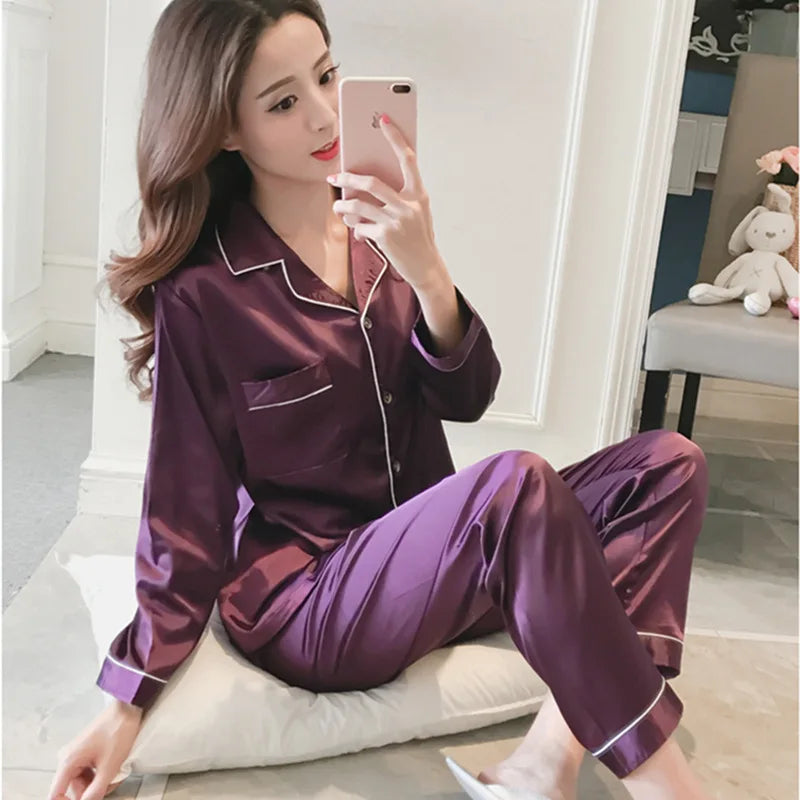 B Solid Color Sleepwear Silk Satin Pajamas Couple Set Long Sleeves Pyjamas Suit Pijama Women Men Loungewear Plus Size Pj Set Qme pajama set Purple L
