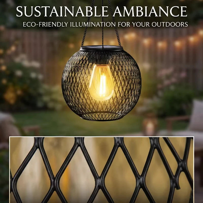 Solar wrought iron lantern lamp retro net chandelier outdoor garden decoration hollow lantern Qme