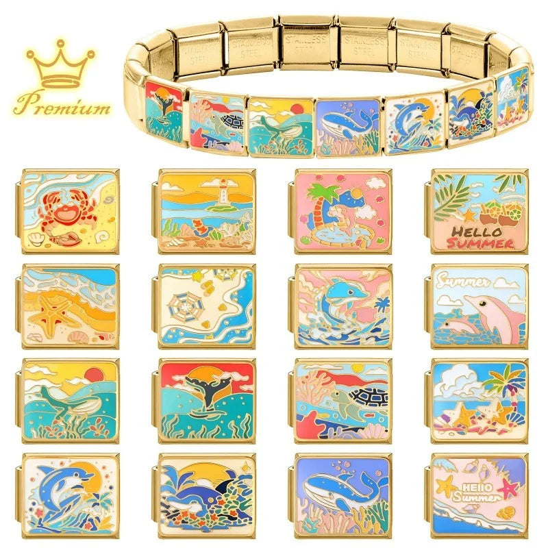 Blue Sea World Starfish Beach Summer Gold Color Italian Charm Links Fit 9mm Stainless Steel Bracelet Women Jewelry DIY Making Qme