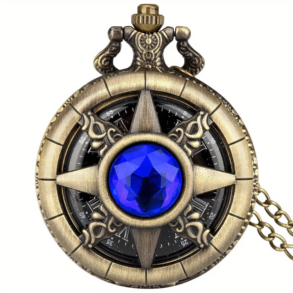 Y2K Cartoon Anime Round Pointer Quartz Watch Vintage Rhinestone Cosplay Necklace Chain Watch For Women Men Collector Gift Qme Blue