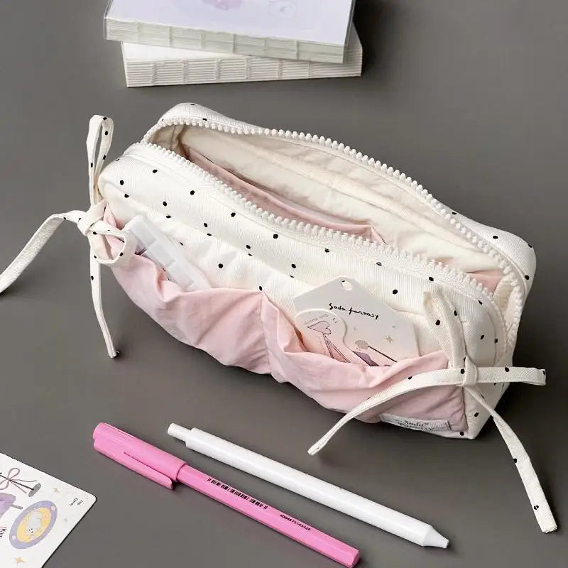Cute Polka Dot Bow Pencil Case White Pink Accessories Large Capacity Qme