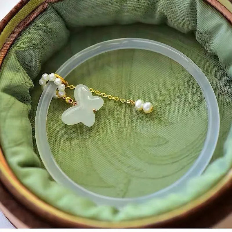 2Pcs/Set Natural Jade Jingle Butterfly litchi jelly Bangles Retro simple girl Antique Glass Bracelet Women's Jewelry Gifts Qme