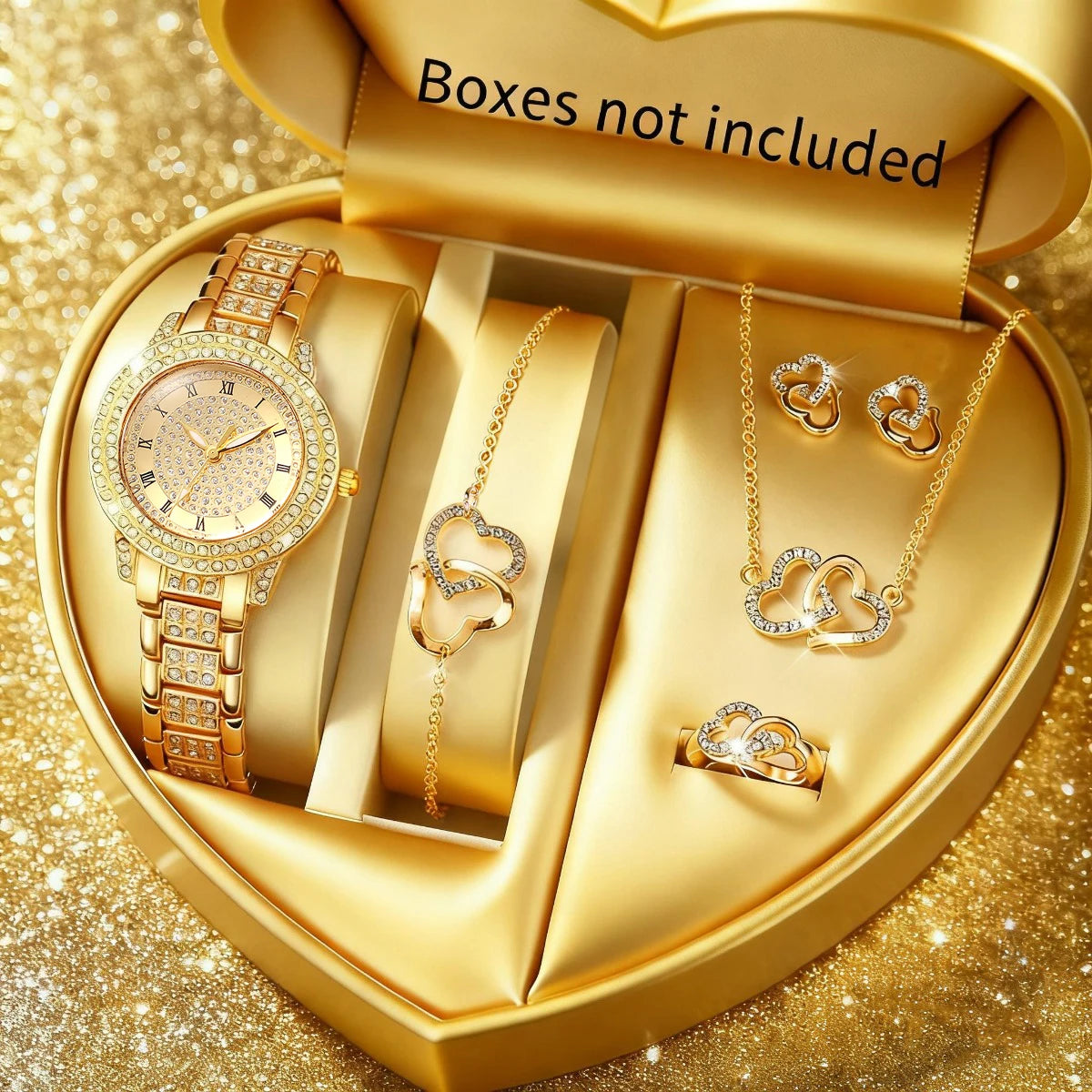 Luxury 5 In 1 Full Crystal Gold Watch Interlocking Heart Necklace Earrings Ring Bracelet Set Qme Gold D No Box