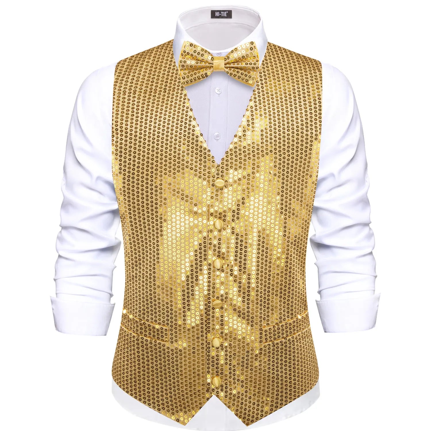 Elegant Sparkling Sequin Vest & Bow Tie Set – 3 Bold Color Choices for Party, Disco, Stage Wedding Guest Outfits Qme