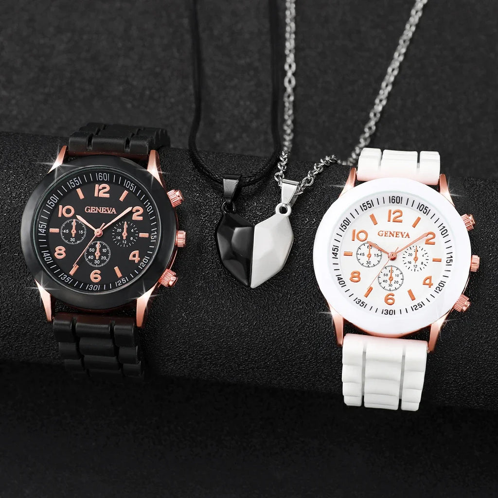 4 Pcs Fashion Couple Watches Casual Set Female Silicone Bracelet Male Wrist Watch Quartz Watch Female (Without Box) Qme