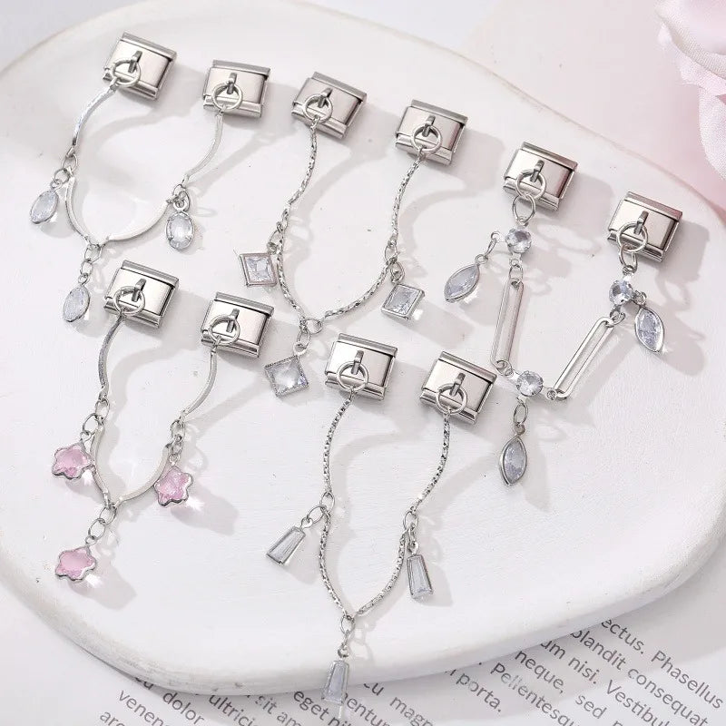 New Glitter Oval Butterfly Star Multielement Chain Tassel Pendant Italian Charm Link Fit 9MM Stainless Steel Bracelet DIY Making Qme