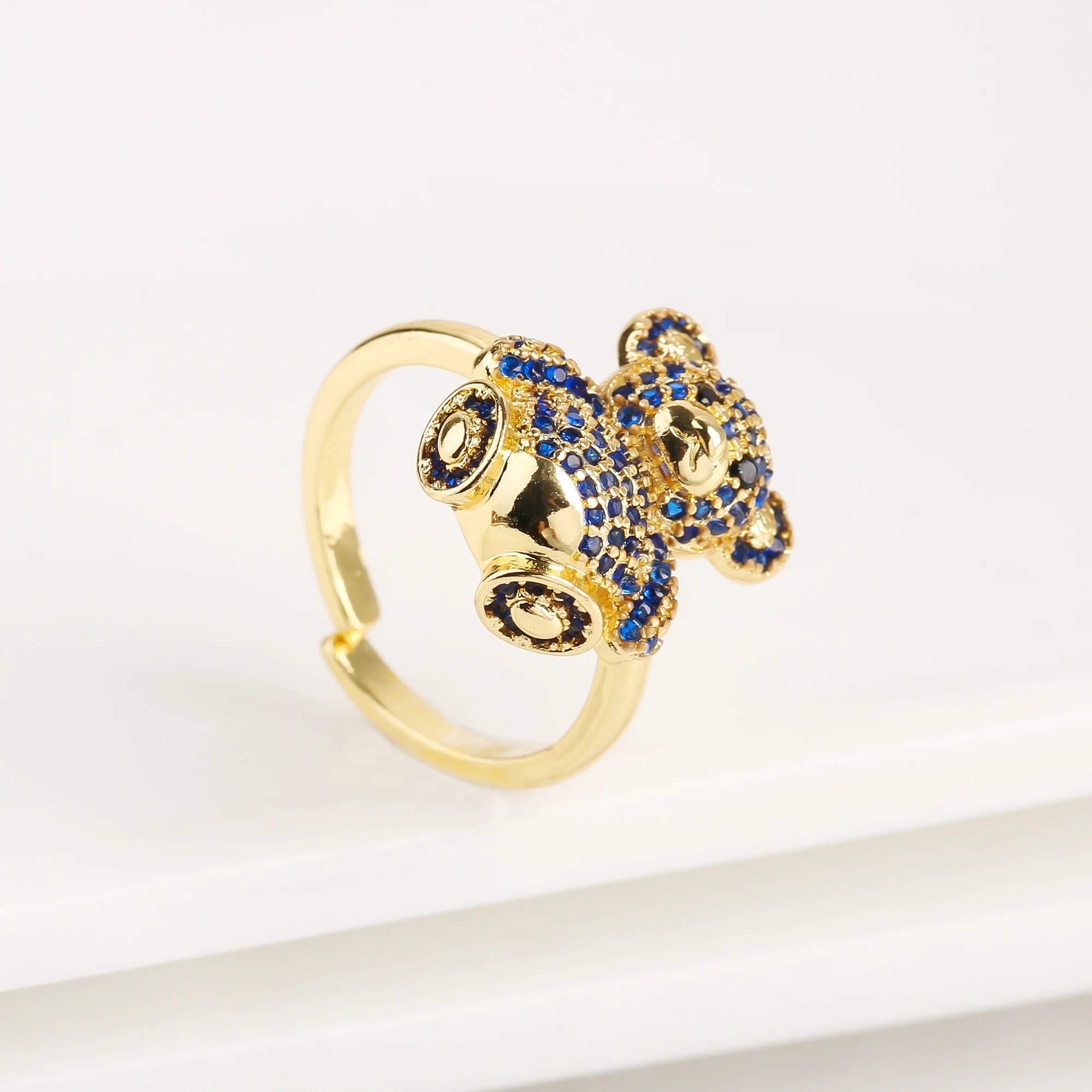 Cute Shiny Cubic Zirconia Animal Bear Ring Adjustable High Quality Women Fashion Party Jewelry Gift Daily Wear Dropshipping Qme Dark Blue resizable