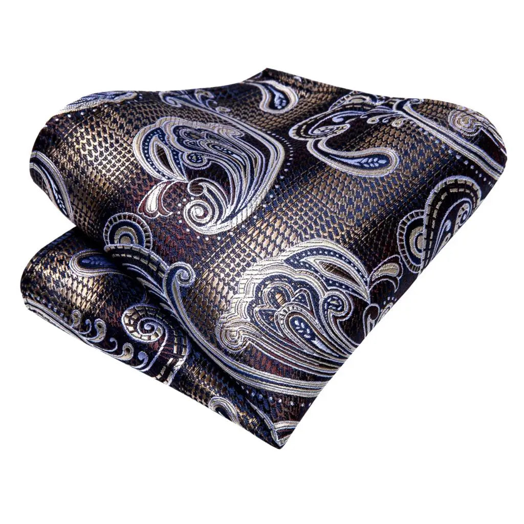 Hi-Tie Paisley Brown Tie For Men Elegant Mens Necktie Pocket Square Cufflink Groom Wedding Accessory Wholesale New Designer Qme