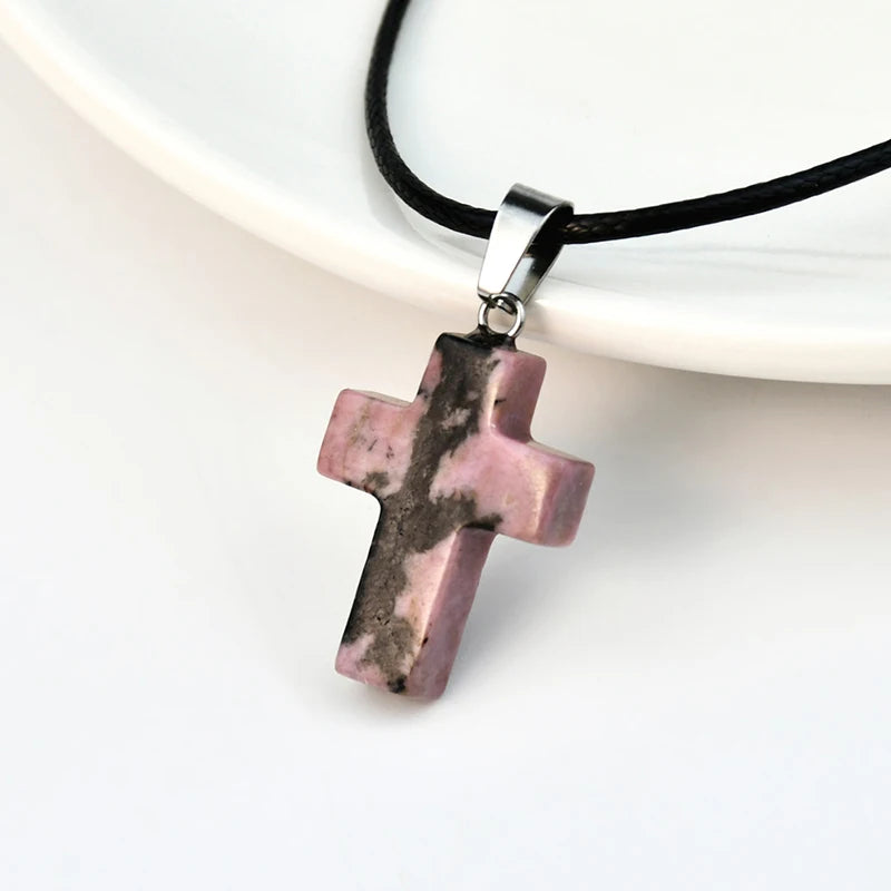 Natural Stone Cross Pendant Necklace, Colorful Punk Rock Style, Street Cool Vintage Y2K Goth Hip Hop Jewelry for Men and Women Qme A11