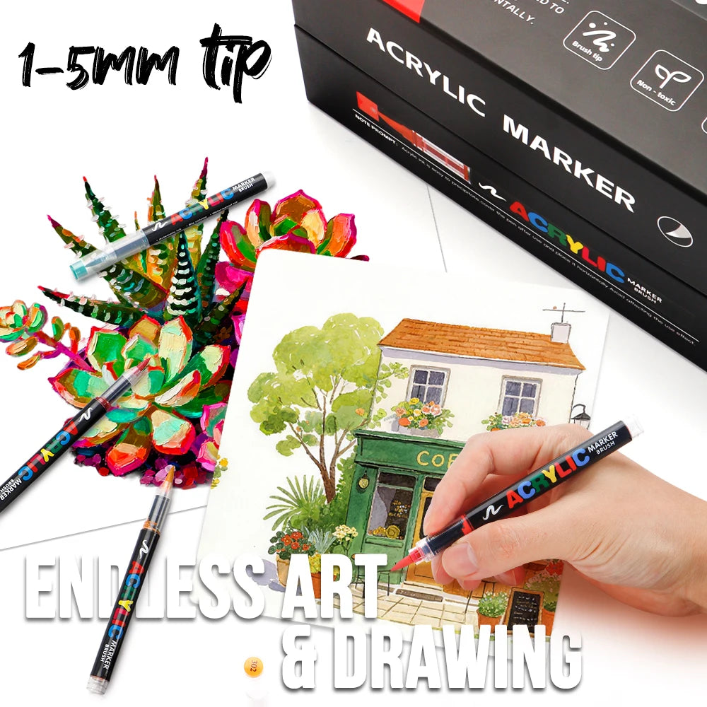 12-366 Colors Acrylic Paint Marker Pens Brush Tip Auto Ink Control Waterproof Quick Dry for Rock Painting DIY Craft Supplies Qme