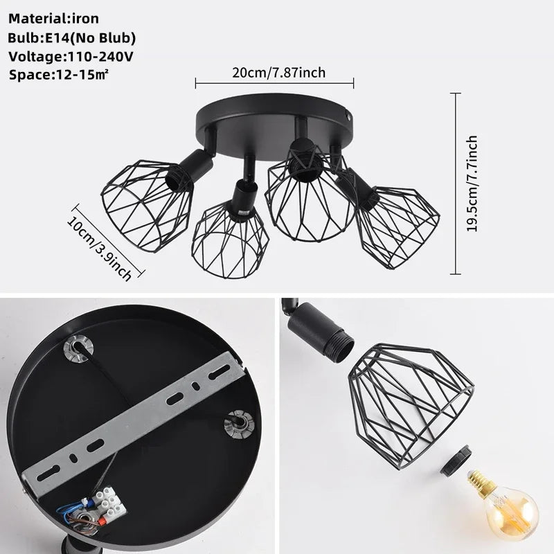 LED Ceiling Light Fixture Black Iron Farmhouse Kitchen Dining Table Hallway Bathroom Bedroom E14 Lamp holder Ceiling Light Qme 4 lights