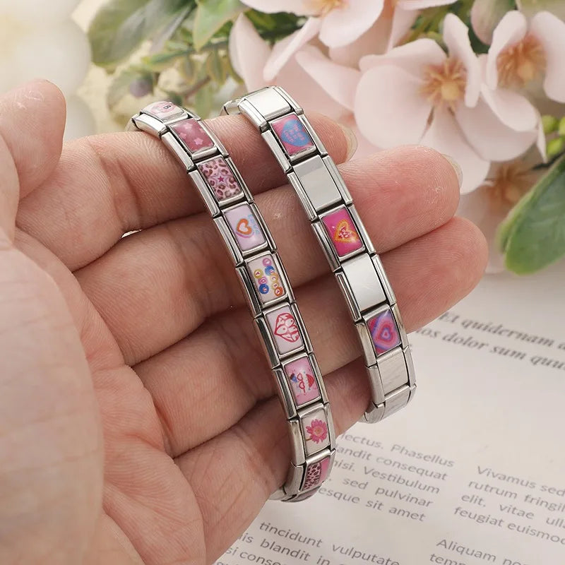 2026 Wholesale Women Fashion Pink Stars Leopard Print Italian Charm Fit 9mm Stainless Steel Bracelet Drop Shipping Gifts Jewelry Qme