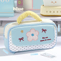 Cute Polka Dot Pencil Box Soft Handle Multi Pocket Stationery Bag Qme Blue