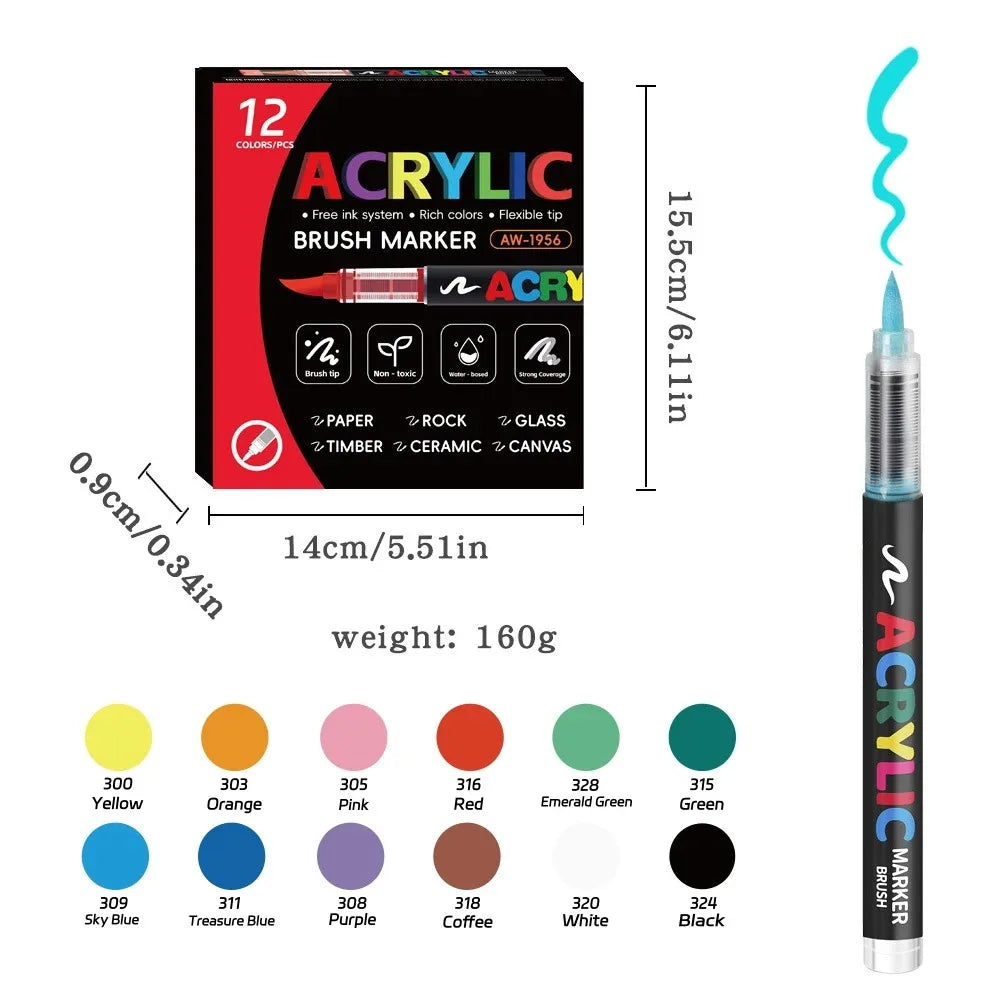12-288 Colors Acrylic Paint Pens Markers Brush Tip Paint Markers for Rock Painting Wood Stone Glass Gift DIY Crafts Qme 12 Colors
