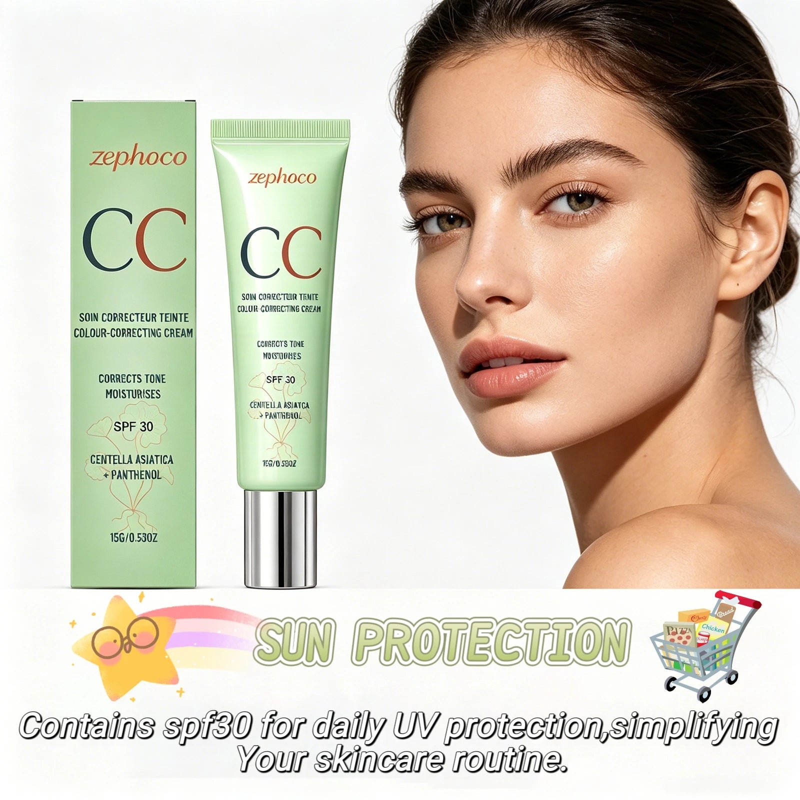 Zephoco Color Correcting Cream SPF 30 Anti UV Sun Protection Redness Blemish Cover Waterproof Centella CC Cream Foundation 15g Qme