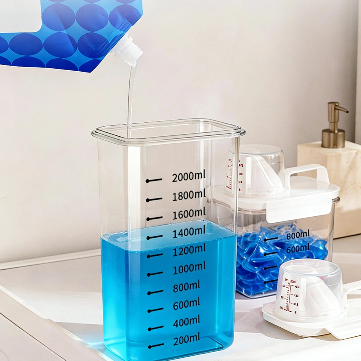 Laundry Detergent Dispenser for Powder & Liquid - Airtight Storage Container with Measuring Cup Lid, Clear Container for Laundry Qme