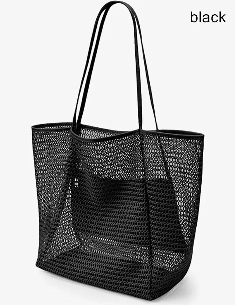 Expandable Mesh Beach Bag Women Foldable Crossbody Tote Spacious Qme black