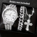3/4 pcs Men's Luxury Stainless Steel Quartz Watch Gold Timer Wristwatch Necklace and Cross Pendant Qme Bronze