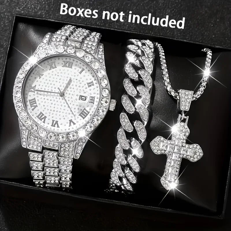 3/4 pcs Men's Luxury Stainless Steel Quartz Watch Gold Timer Wristwatch Necklace and Cross Pendant Qme Bronze