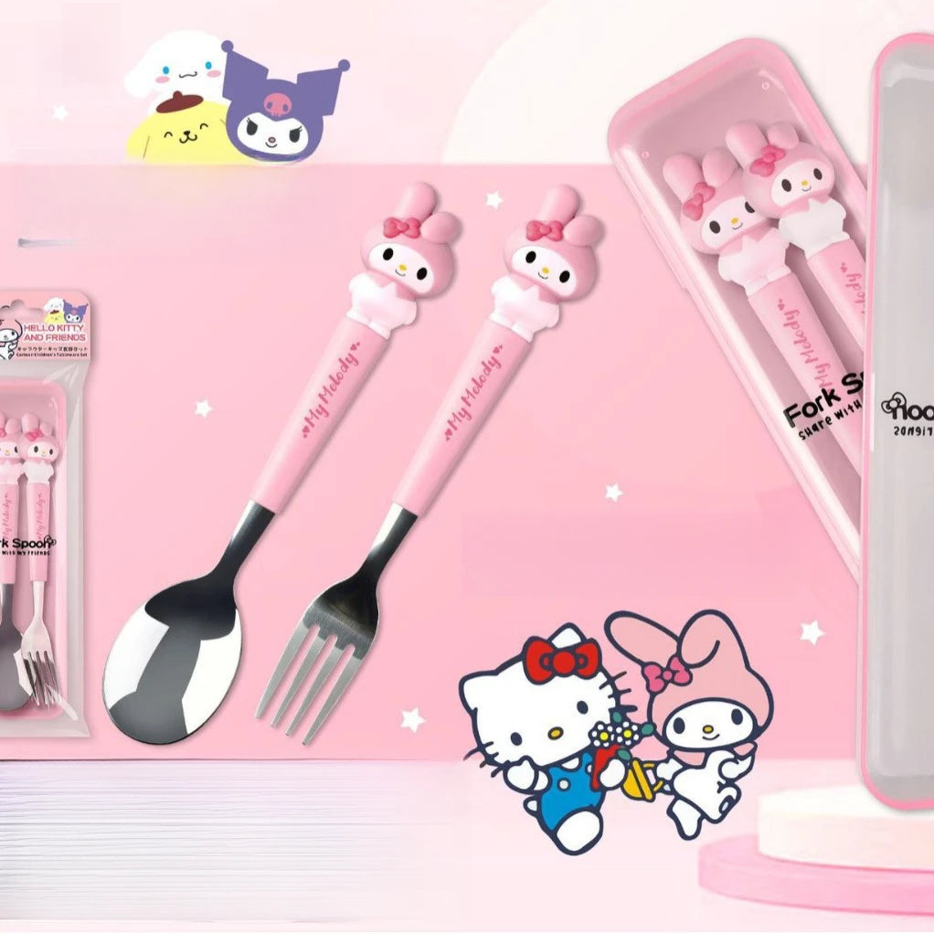 Hello Kitty Kuromi 304 Stainless Steel Cutlery Set Cute Cartoon Portable Cutlery Set with Chopsticks and Spoon Qme 2