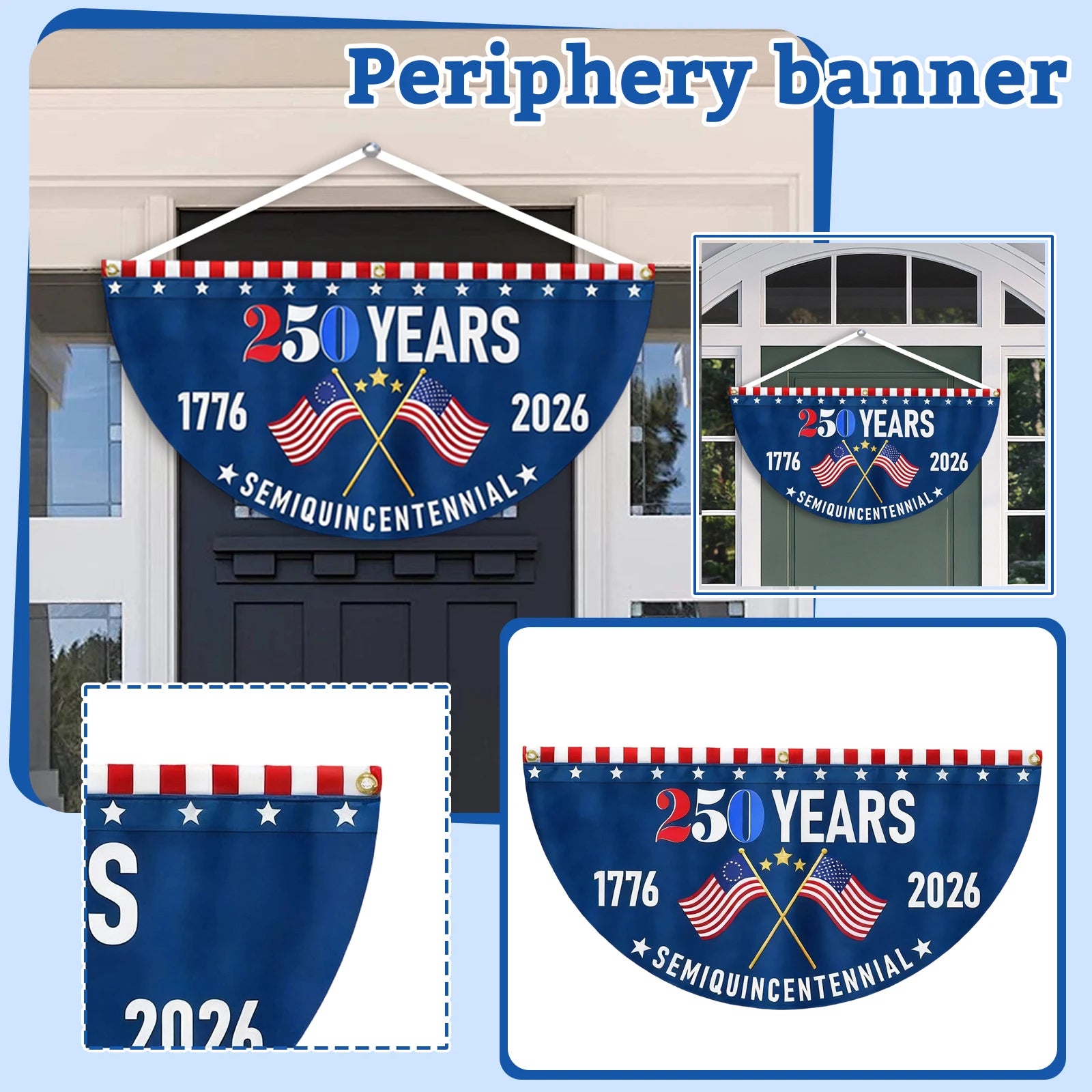 250th USA Anniversary Half-Round Bunting Flag Commemorative Decorative Banner for Parades Town Events Home Garden Decor Qme as show One Size