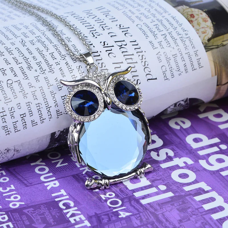 New Vintage Crystal Owl Necklaces Fashion Design Pendant Necklace Women Sweater Chain Jewelry Clothing Accessories Qme White grey 80cm