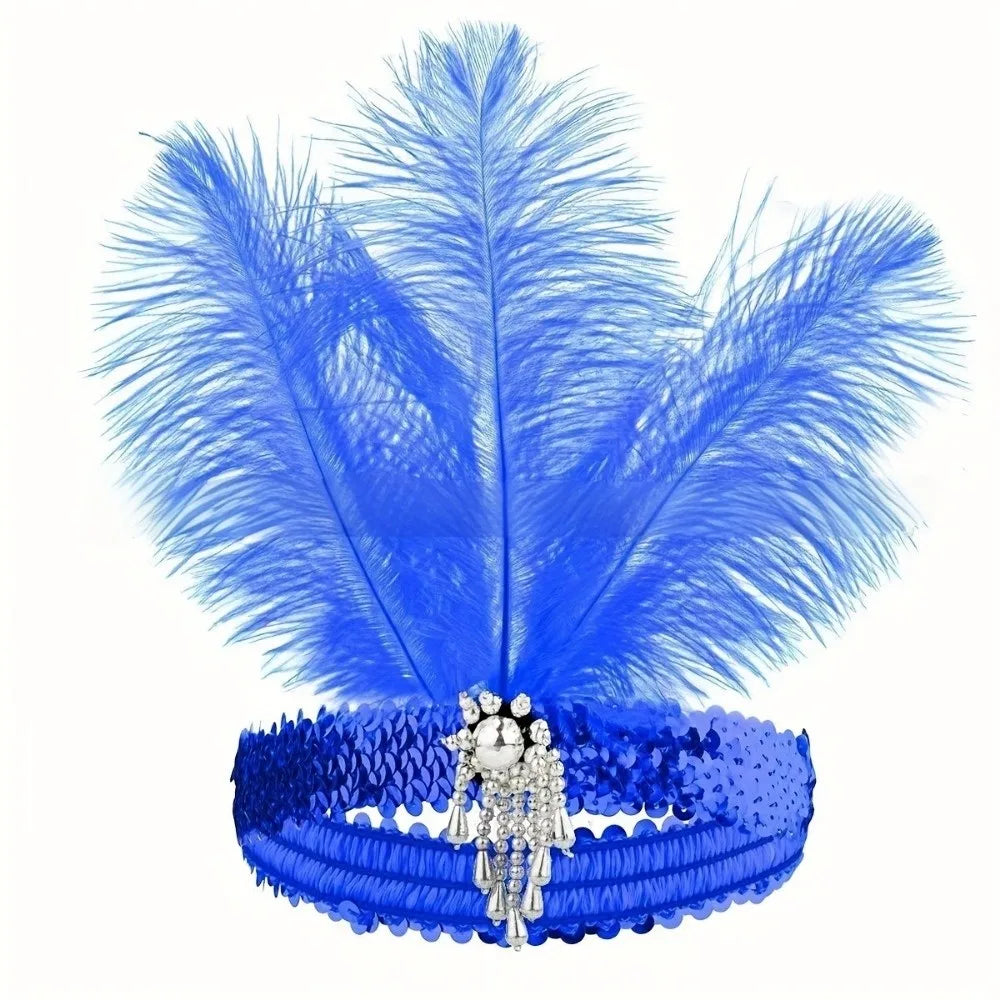 Exquisite Retro Women's Feather Headband Sequin 1920s Girls Hair Hoop Qme Blue