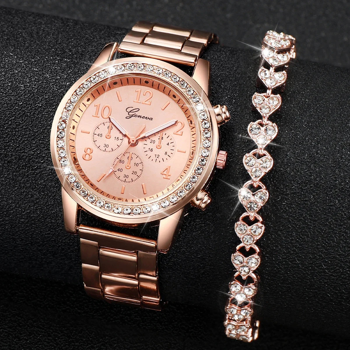 2PCS Women's Watch Fashion Rhinestone Ladies Analog Quartz Watches Bracelet Set Reloj Mujer Girls Clock Gift Qme