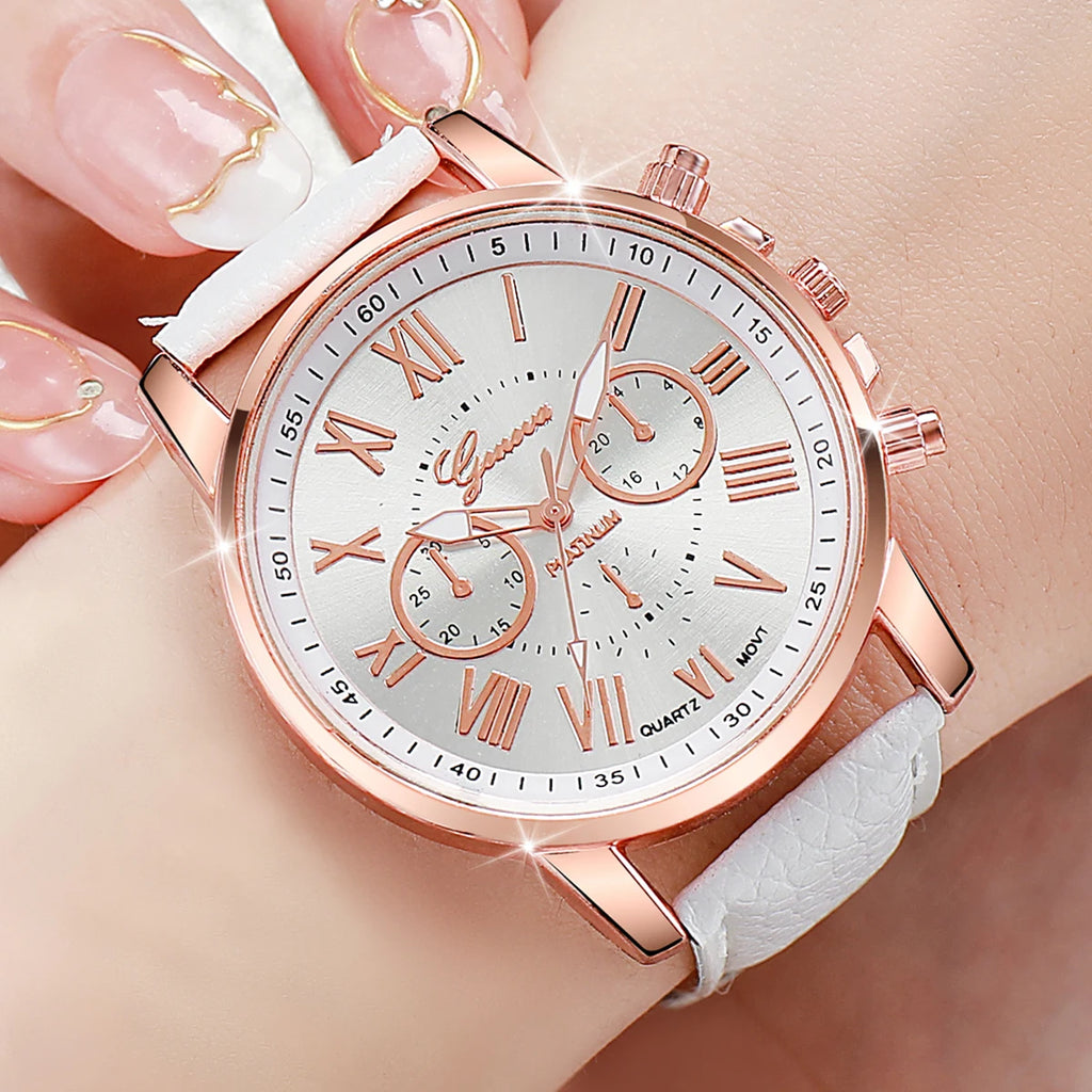 10PCS Women Watches Set Fashion Roma Dial Ladies Quartz Watch Casual Leather Band Wristwatches Relogio Feminino Reloj Mujer Qme