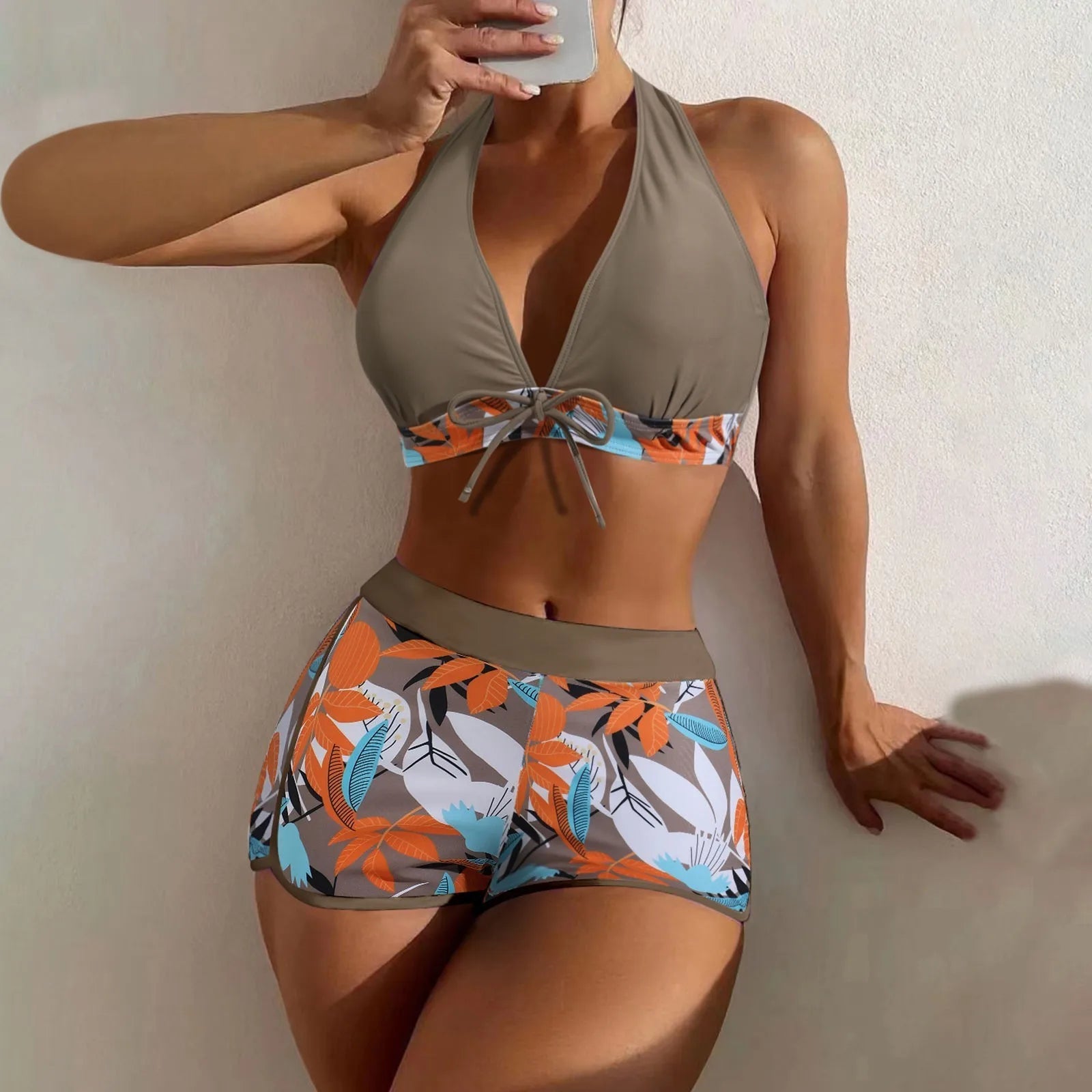 Women's Paneled Printed Swimsuit Ladies Fashion Sexy Split Boxer High Waist Swimsuit Two-Piece Set V-Neck Bathing Suits Female Qme Khaki XL