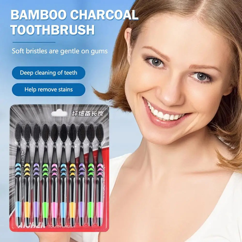 10 Count Soft Toothbrushes Adults Black Charcoal Ultra Sensitive Gums Qme