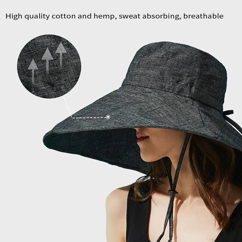 Summer Wide Brim Sun Hat Women's Foldable Travel Packable Bucket Hat Japanese UV Sunscreen Cotton Linen Beach Hat Fisherman Hat Qme