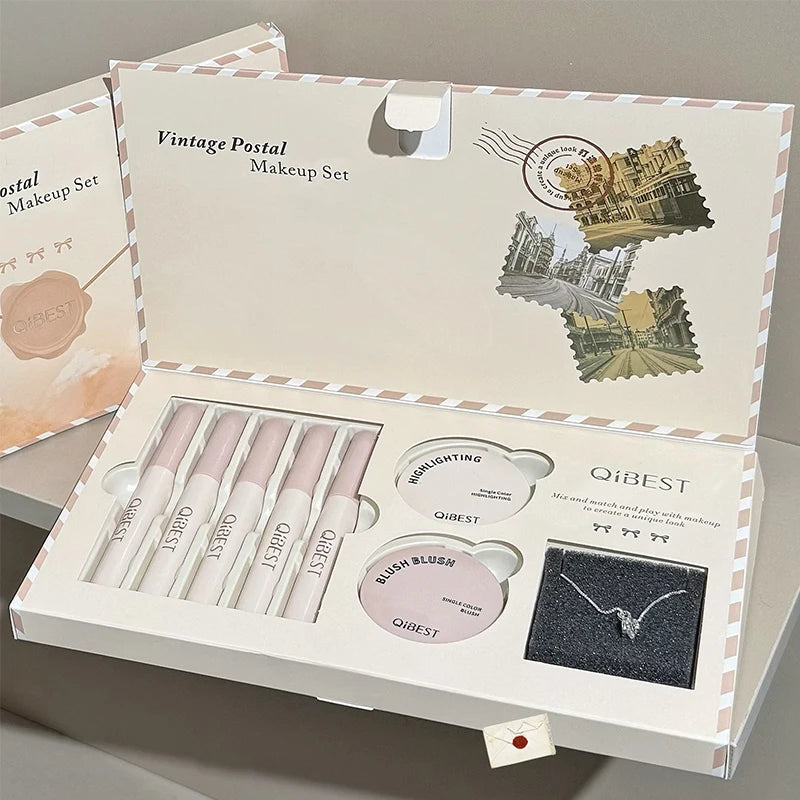 QIBEST Retro Mail Makeup Set 5pc Matte Lip Mud,1 Blush,1 Highlight And 1 Necklace Gift Multipurpose Cosmetics Kits For Women Qme Makeup Kits