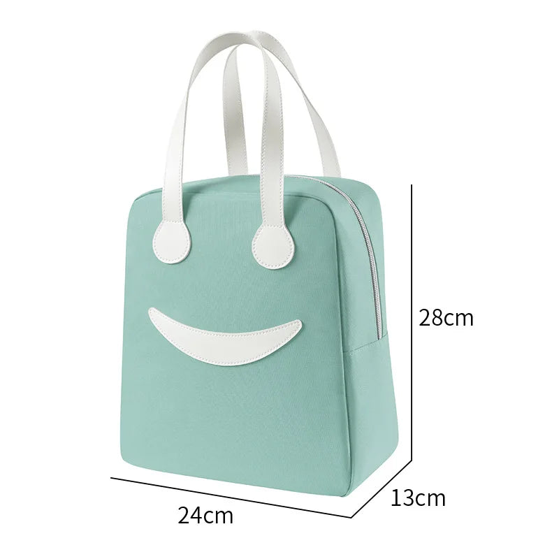 A Portable Cute Smile Lunch Bag Insulated Refrigerated Food Safe Girls Warm Food Picnic Office Student Zip Food Storage Box Qme Nordic Green Large