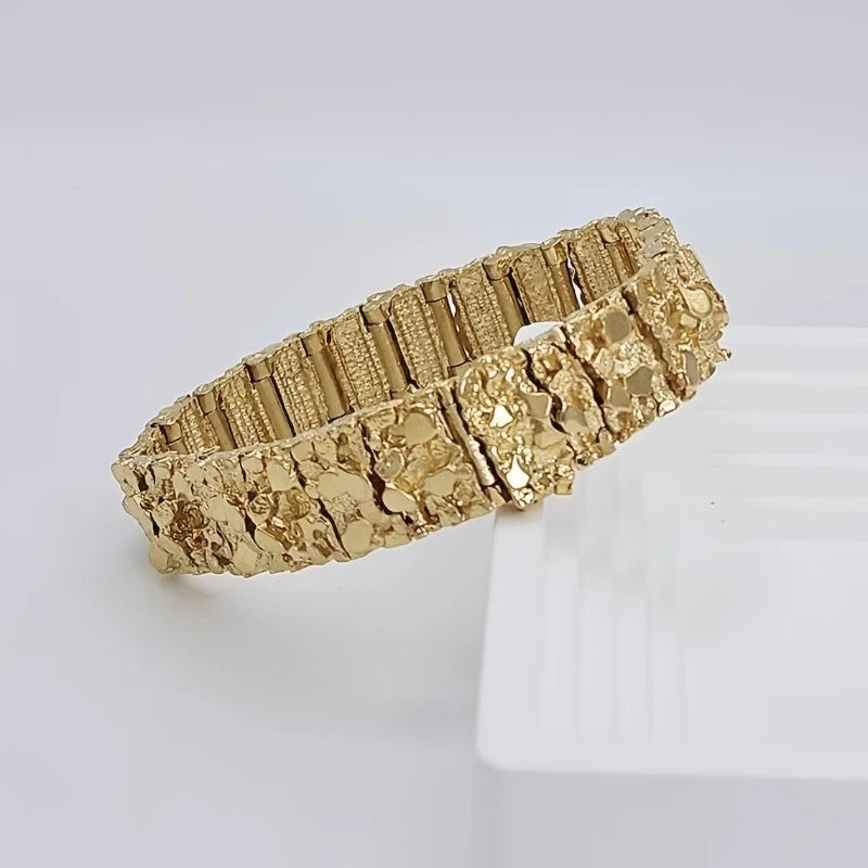 Heavy-duty Embossed Gravel-textured Wide Men's Bracelet, Light Luxury Business Golden-speckled Metallic Strap-style Bangle Qme