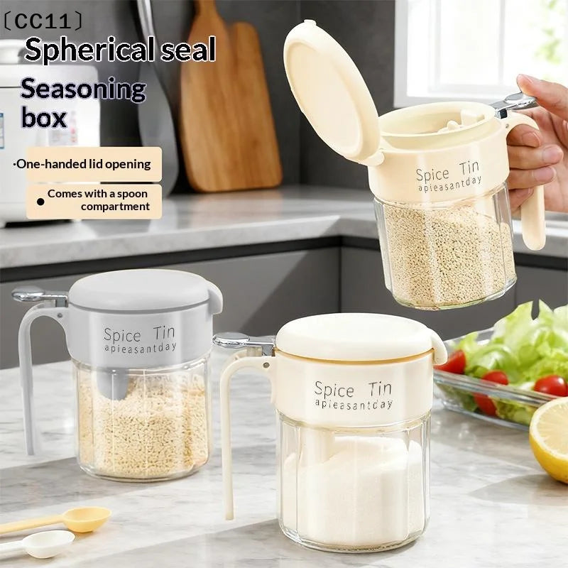 Glass Spice Jar Built-in Spoon Handle Airtight Seasoning Container Qme