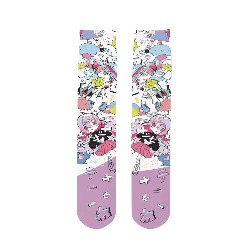 1 Pair Women Mid-tube Stockings Cartoon Anime Personality Printed Qme style2 One Size