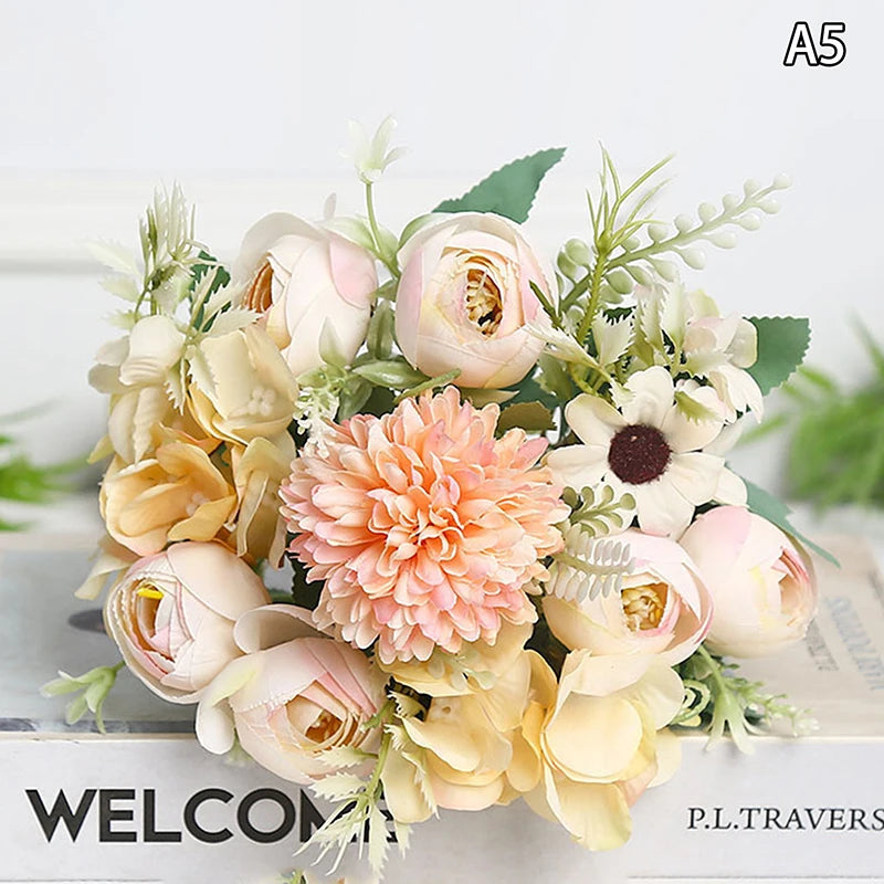Artificial 1PC Flowers Wedding Home Bedroom Decoration Bridal Bouquet Garden Fake Silk Roses Hydrangeas Vase For Board Outdoors Qme style 11