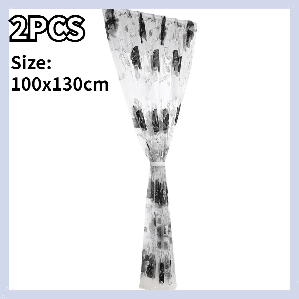 1/2 PCS Vines Leaves Tulle Door Window Curtain Drape Panel Sheer Scarf Valances Colorful Floral Pattern Transparent Curtains Qme Black 1