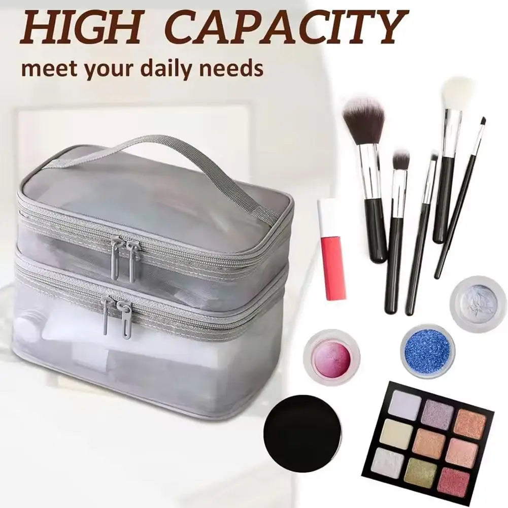 Travel Makeup Bag Handheld Mesh Storage Double Layer Cosmetic Pouch Qme