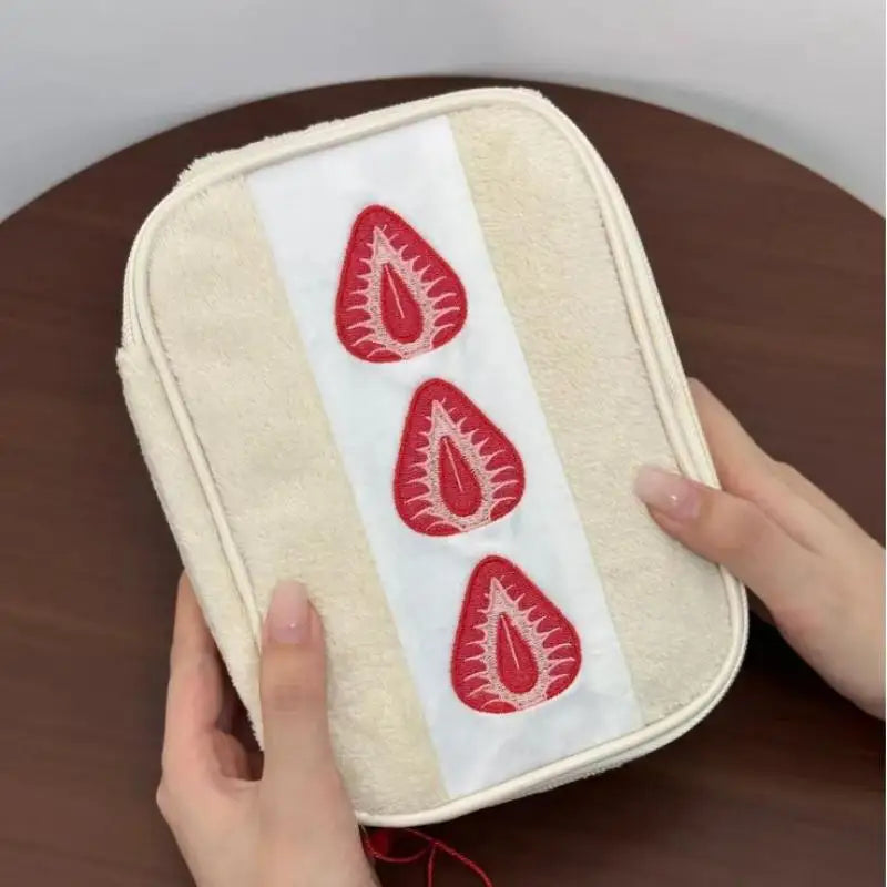 Cute Embroidered Strawberry Pencil Case Portable Stationery Pen Box Multi Functional Large Capacity Makeup Bag Storage Bag Qme 1pcs