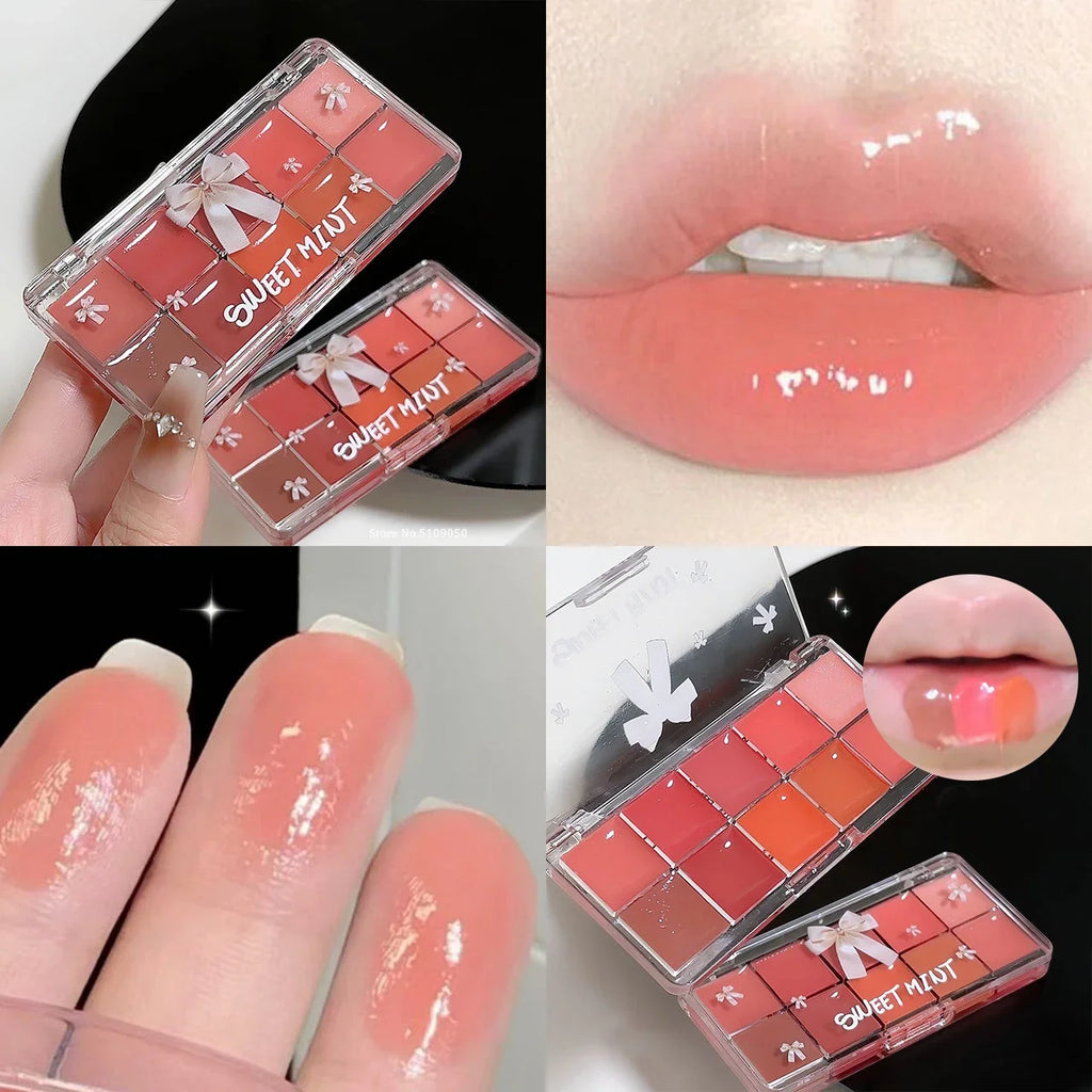 Bow 10Color Jelly Lip Gloss Palette Makeup Moisturizing Liquid Lipstick Palette Raspberry Red Jelly Transparent Lip Glaze Tinted Qme
