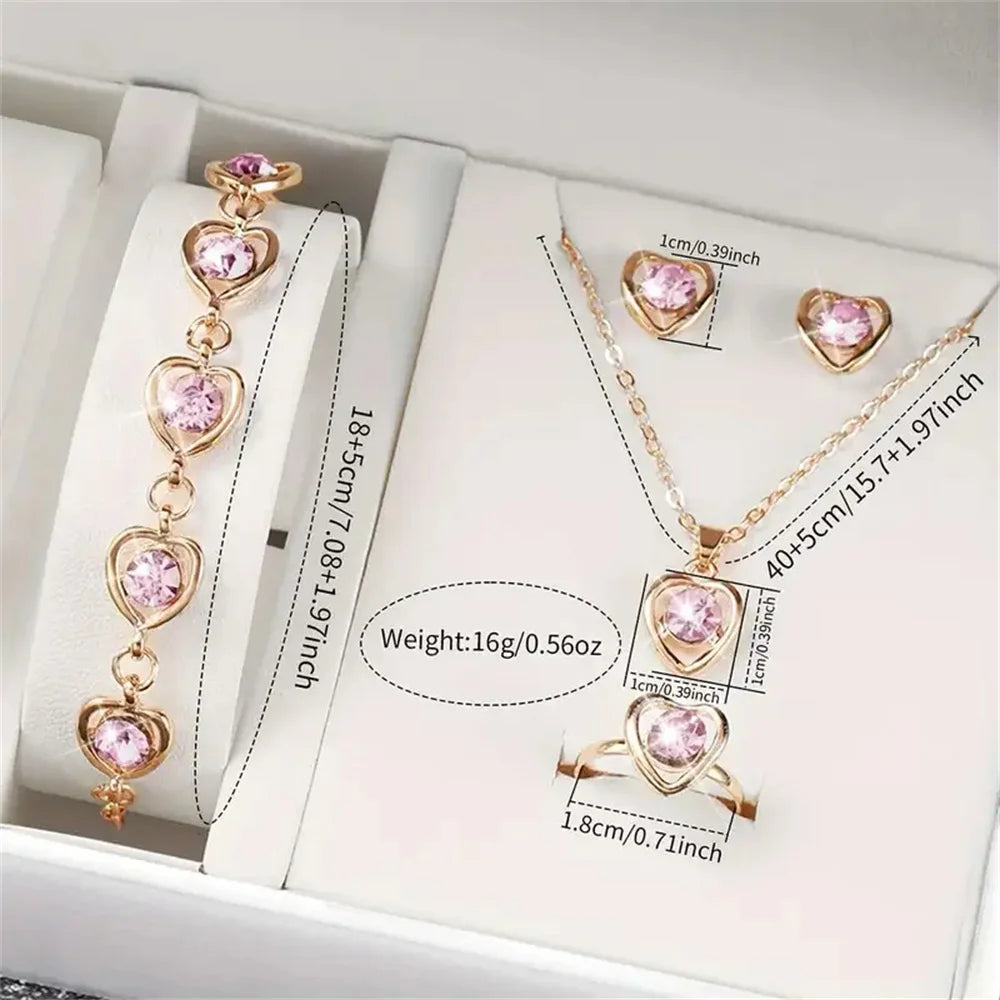 5Pcs Women Pink Suede Strap Watch Set, Floral Bezel Snowflake Dial Quartz Watch + Leaf Heart Pink Crystal Stack Bracelets Qme