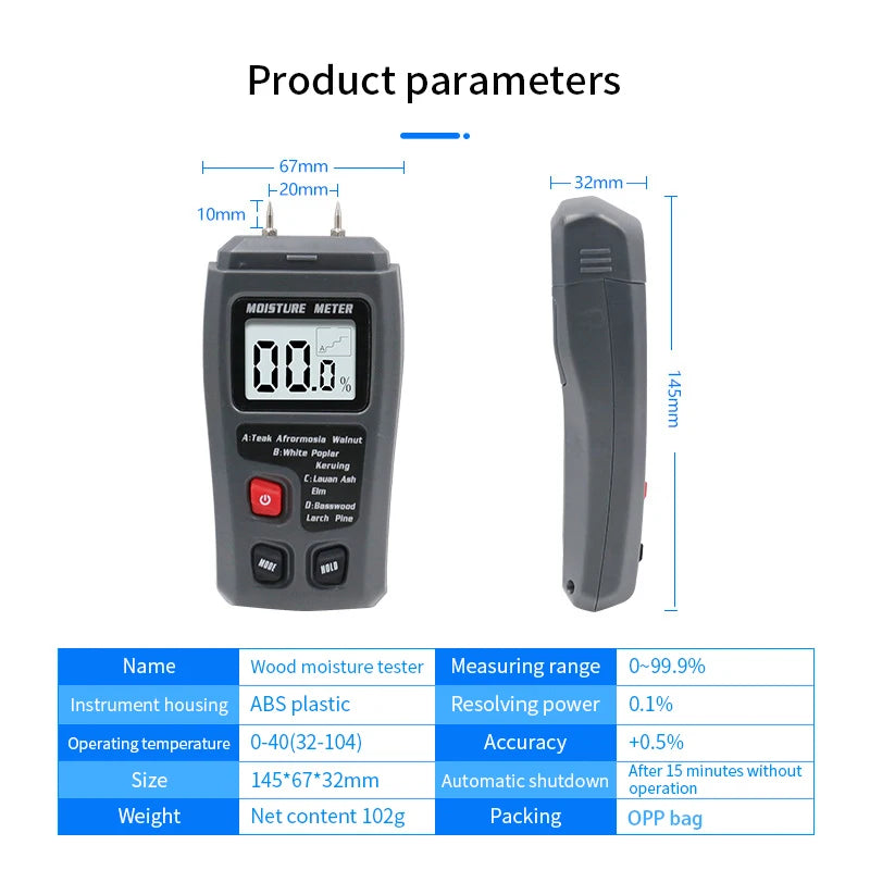 Two Pins Digital Wood Moisture Meter 0-99 9 Humidity Tester Timber Qme