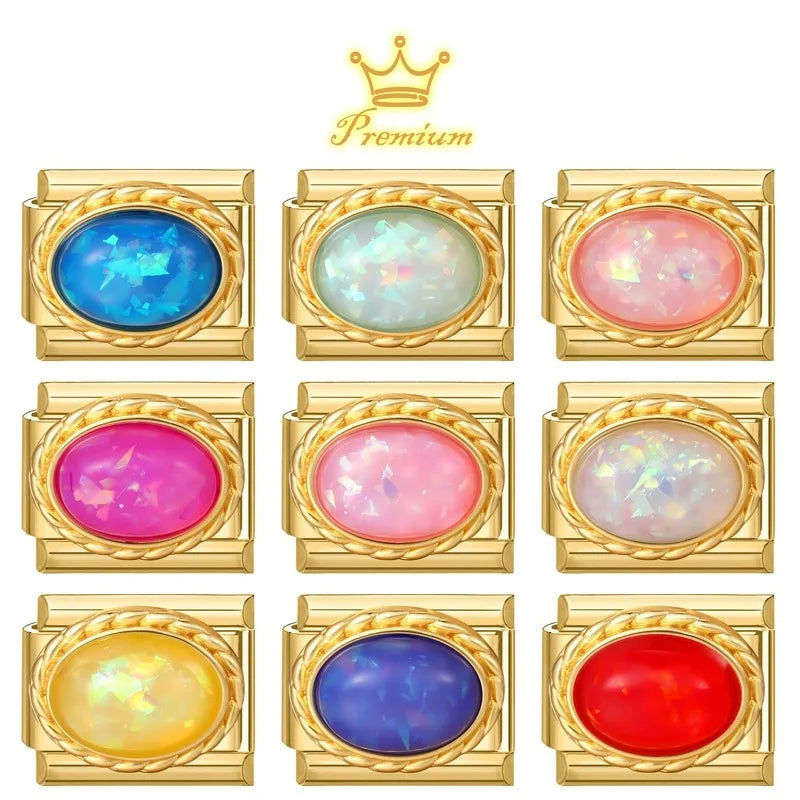 Gold Color Premium Colorful Oval Gems Italian Charm Link Fit 9mm Stainless Steel Bracelet Women Men DIY Making Gifts Wholesale Qme